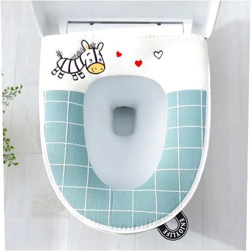 FWEHIO Cartoon Toilet Seat Cover Pad Reusable Warm Bathroom Washable Super Soft Toilet Seat Mat Cushion with Handle Zipper Easy Clean & Install (Blue)