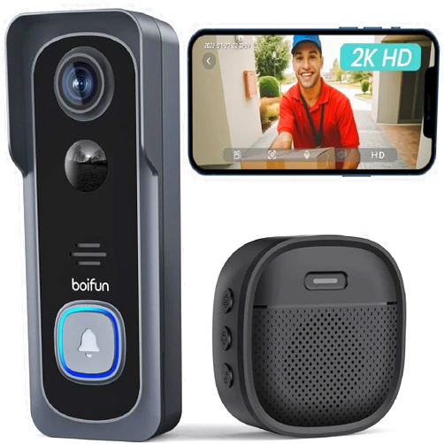 BOIFUN Wireless Doorbell Camera with Chime - 166° Wide Angle View, 2K HD Video, Quick Wake Up and Motion Detection, 6700mAh Battery, Intelligent HDR Night Vision, Two-Way Audio (No Subscription)