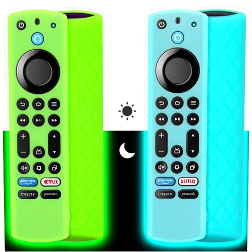 Pinowu Silicone Remote Case (2pcs, Glow in The Dark) for Firestick 4K Max (2nd)/ Toshiba/Insignia/Pioneer/Omni (QLED) Series Alexa Voice Remote Enhanced w/Lanyard (Green + Turquoise)
