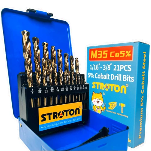 STROTON 5% Cobalt Drill Bit Set (1/16-3/8 Inch, 21PCS) for Stainless Steel, Hard Metal, Cast Iron, Plastic and Wood, M35 Hss Heavy Duty Twist Steel Drill Bits Index.