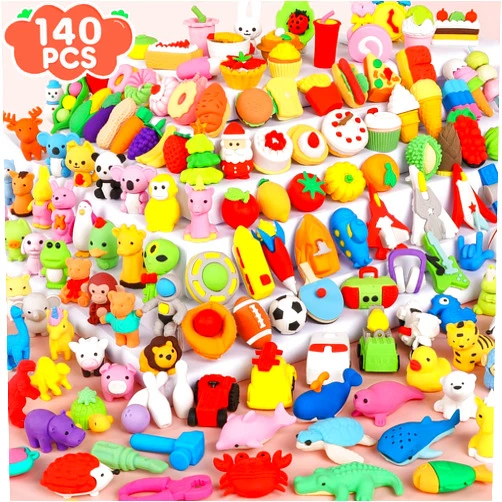 WITALENT 140 Pack Animal Erasers for Kids 3D Puzzle Mini Pencil Eraser Bulk Desk Pets Treasure Box Toy for Classroom School Prize Kids Party Favors Back to School Supplies Random