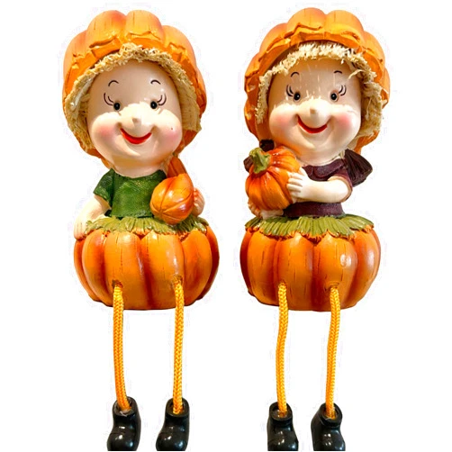 KiaoTime Fall Thanksgiving Scarecrow Pumpkin Shelf Sitters with Dangling Legs Decoration, Set of 2 Fruit Harvest Sculpture for Window Sill Kitchen Tabletop Autumn Home Decoration