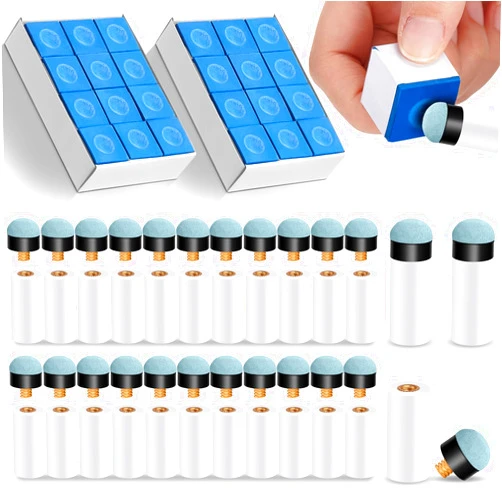 Junkin 24 Pool Cue Chalks and 24 Billiard Cue Tips Replacement Kit with Ferrules Blue Chalk Pool Stick Accessories for Table Chalk Cubes Screw on Billiard Tip for Home Tournament Use
