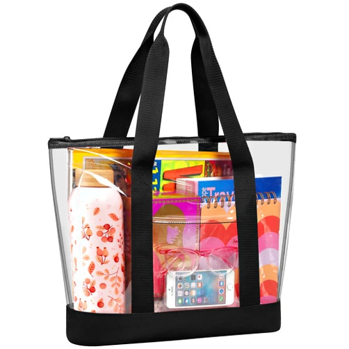 Handy Laundry Clear Tote Bag - Zipper Closure, Long Shoulder Strap, Fabric Trimming. (Black)