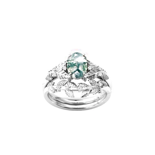 AAHID SILVER JEWELLERY Vintage Leaf Design Moss Agate Engagement Ring Set For Women Art Deco Leaf Style Wedding Ring Set 18K Rose Gold Moss Agate Bridal Ring Set (NMA-32)