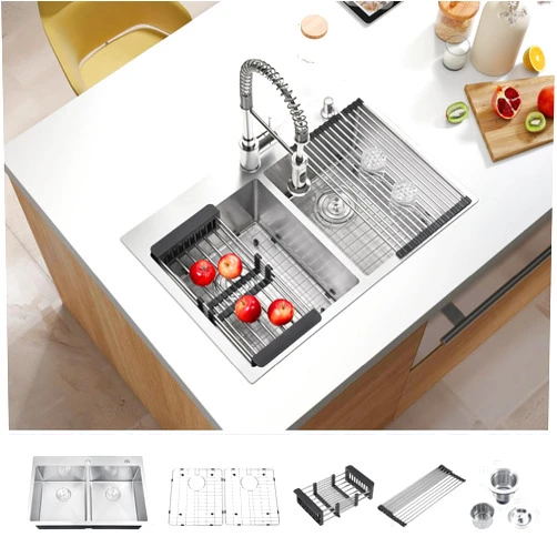 ATTOP 33 Inch Large Double Bowls Drop in Kitchen Sink,Nano Coating Stainless Steel Handmade Topmount Kitchen Sink