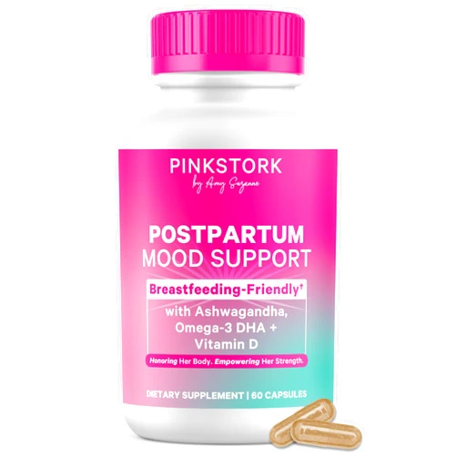 Pink Stork Postpartum Mood Support - Postnatal Hormone Balance for Women - Breastfeeding Friendly - Stress & Cognitive Support, New Mom Essentials - Ashwagandha, Chamomile, Vitamin D, 60 Capsules