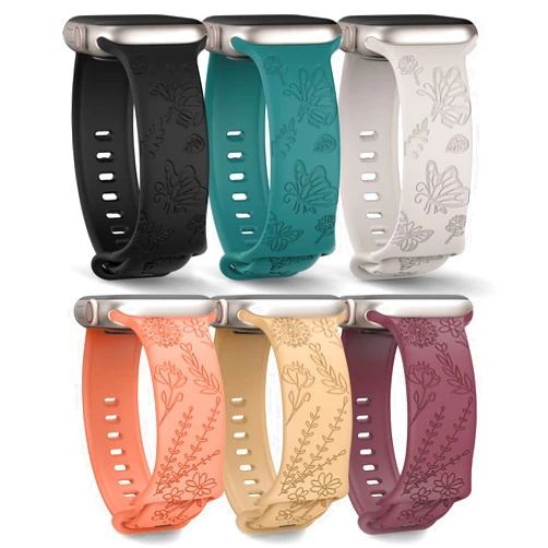 MAXTOP 6 Pack Stylish Floral Engraved Smartwatch Bands for Women, Durable Soft Silicone iWatch Bands Compatible with Apple Watch Series 44mm 40mm 38mm 41mm 45mm 49mm 42mm Ultra 2 SE 9-1