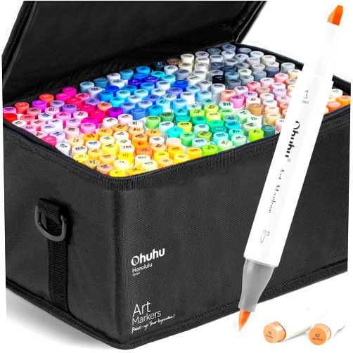 Ohuhu Brush Markers - 216-color Double Tipped Alcohol-based Art Marker Set for Artist Adults Coloring Illustration -Brush & Chisel Dual Tips - Honolulu Series of Ohuhu Markers - Refillable Ink