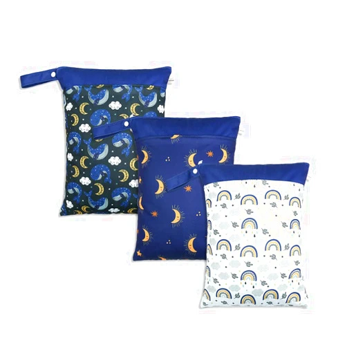 KKTAPOS Wet Dry Bags for Baby Cloth Diapers - Waterproof Reusable Washable Travel Bags, Gym Bag, Pool, Daycare Soiled Baby Items Yoga Gym Bag for Swimsuits & Wet Clothes 3pcs/set（Night