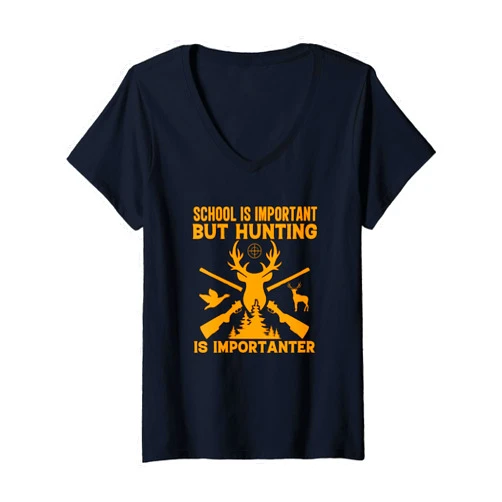 Retro Deer Hunting Season Hunter Buck Antlers Dad School Is Important But Hunting Is Importanter Deer Hunting V-Neck T-Shirt