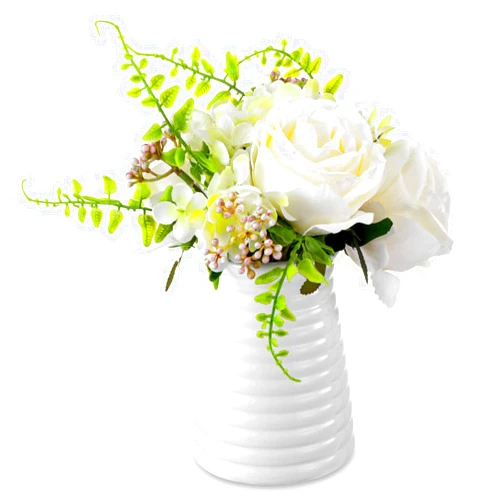 MyGift Modern White Ceramic Flower Vase, Ribbed Design Tabletop Small Vase Decor