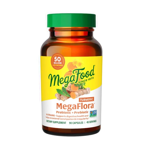 MegaFood MegaFlora Probiotic + Prebiotics + Turmeric - Probiotics for Women & Men - Probiotics for Digestive Health - 50 Billion CFUs - 14 Strains - Vegan - Non-GMO - 90 Caps (45 Servings)
