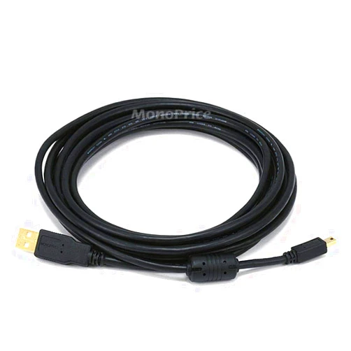 Monoprice USB 2.0 Type-A Male to Mini-B 5pin Male Cable - With Ferrite Core, Gold Plated, 28/24AWG, 10 Feet, Black