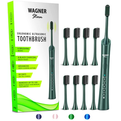 Wagner Stern ultrasonic whitening Electric Toothbrush with 8 Charcoal Black Brush Heads. for Fresh Breath & Healthy Smile. (Green)