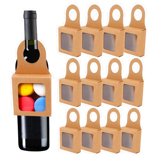 Tomotato 25 Pieces Kraft Paper Wine Bottle Box with Window, Hanging Foldable Gift Boxes Empty Wine Boxes Tags Decoration for Holding Candy Chocolate Cookies Truffles