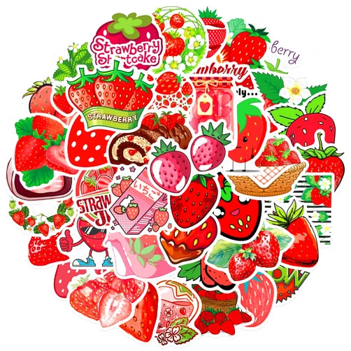 Gxizlba 50 Pcs Strawberry Stickers, Cartoon Cute Strawberry Vinyl Laptops Decorative Decals, Gxizlba Funny Strawberry Sticker for DIY Water Bottle Journal Scrapbook Guitar