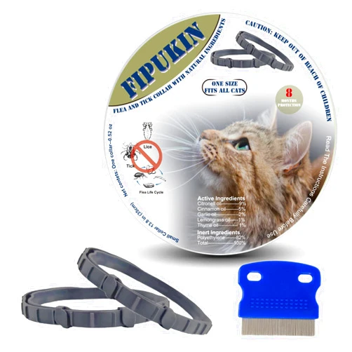 Fipukin Natural Ingredients Flea Repellent Collar for Cats, Safe and Effective Flea and Tick Repellent, Waterproof, 8 Months Protection per Collar, Free Comb, One Size Fits All, 13.8 Inches, 2-Pack