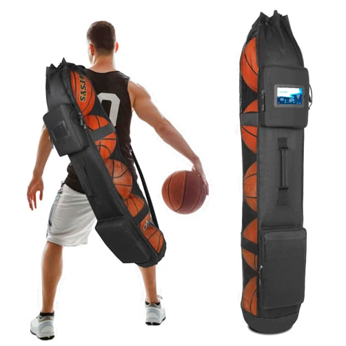 Doksmeria Mesh Ball Bag for Coaches and Teams, Heavy Duty Mesh Sports Ball Bag Designed for Soccer and Basketball - Holds Up to 5 Balls, with 2 Front Pockets, Adjustable Shoulder Strap/Tube Style