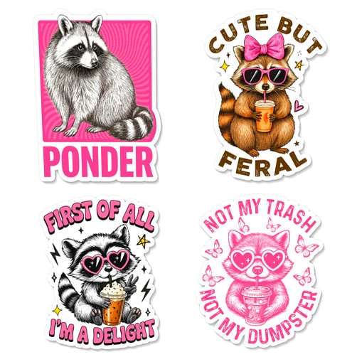 630PM (4 Pcs) Raccoon Stickers - Ponder Cute But Feral Trash Panda Sticker Set for Women - Humor Motivational Mental Health Vinyl Stickers for Laptop Bottle Phone Car Window Helmet, 3 Inch