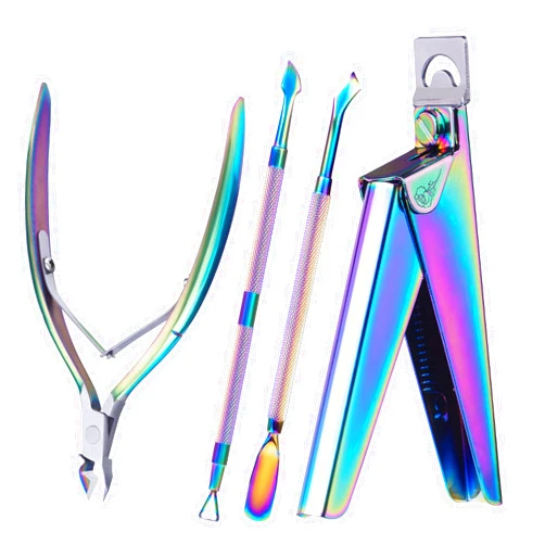 Melodysusie Acrylic Nail Clippers 4 in 1 Set, Adjustable Stainless Steel Nail Clippers for Acrylic Nails Tips, Professional Cuticle Nipper Cutter Cuticle Pusher Remover, Nail Salon Tool, Rainbow