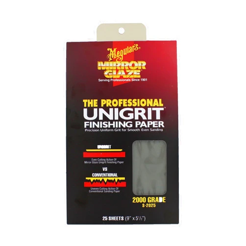 Meguiar's Unigrit Finishing Paper - 2,000 Grit - Pro Wet/Dry Sandpaper, Fast and Even Cutting Action with Smooth Sanding Pattern That Eliminates The Risk of Deep, Uneven Sanding Scratches, 25 Sheets