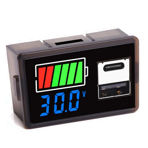 Wleome Battery Monitor Meter Capacity Tester, DC 8-30V Battery Monitor Quick Changer USB Port Type C Port 12V 24V Digital Battery Capacity Tester Car Motorcycle Golf Cart RV Battery Meter Indicator Panel