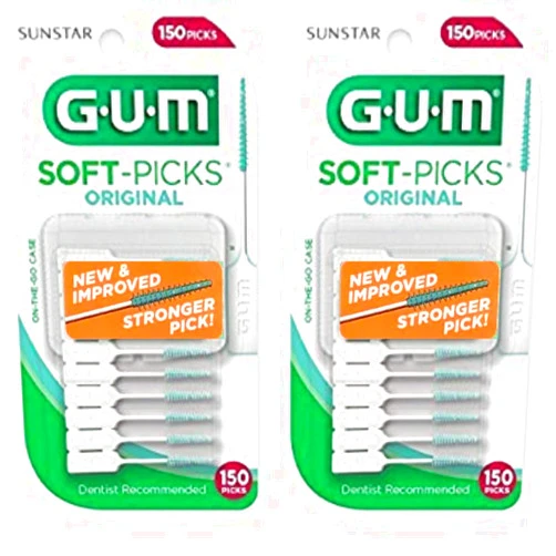 GUM Sunstar GUM Soft-picks with 2 Convenient Travel Cases, 2 Packs of 150 ea, 300 Picks (2 Pack, 150 ea, TOTAL 300 PICKS) Original