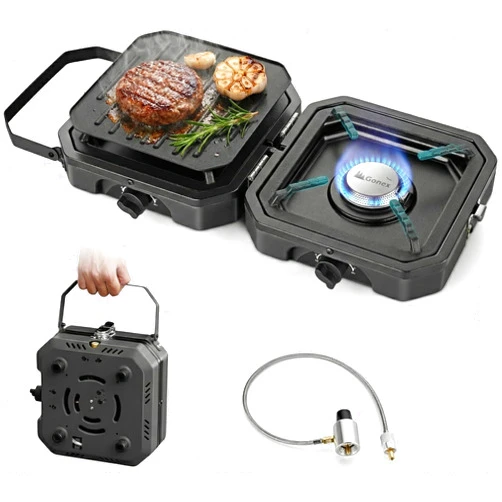 Gonex 2 Burner Propane Camping Stove with Griddle & Grates, Portable Foldable Cooking Stove with Total 16,000 BTU, Two Piezo Ignition Adjustable Burners for Camping, Patio, Emergency, Hiking (Black)
