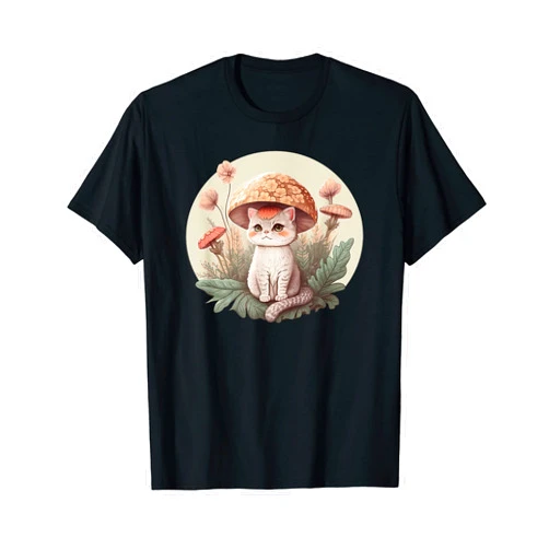 Cute Aesthetic Cottagecore Goblincore Gifts Aesthetic Cat with Toadstool Hat Mushroom Cottagecore Kawaii T-Shirt