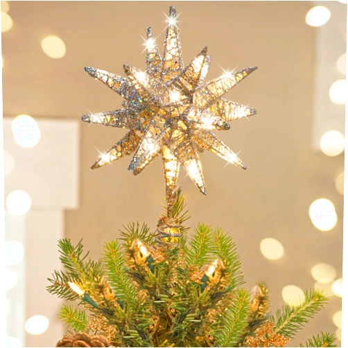 Luxspire 3D Lighted Plug-In Christmas Tree Topper with Timer - Vintage/Modern Silver Ornament