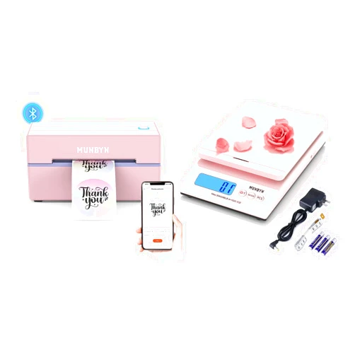 MUNBYN 130B Bluetooth Thermal Label Printer+Shipping Scale, Accurate 66lb/0.1oz Postal Scale with Sweet Pink Style