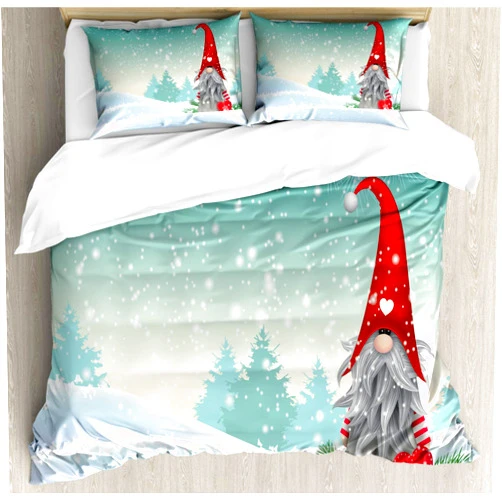 Ambesonne Gnome Duvet Cover Set, Elf Tomte Standing on Snow on The Winter Finnish Christmas Theme, Decorative 3 Piece Bedding Set with 2 Pillow Shams, Queen Size, Off White