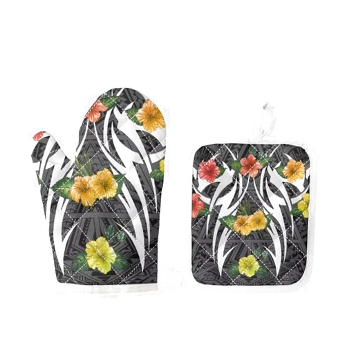 Nxidvxne NXIDVINE Polynesian Style Print Pot Holders and Oven Mitts Plumeria Decoration Heat Resistant Oven Gloves Long Oven Mitts Heat Resistant Oven Mitt and Pot Holder Set Black