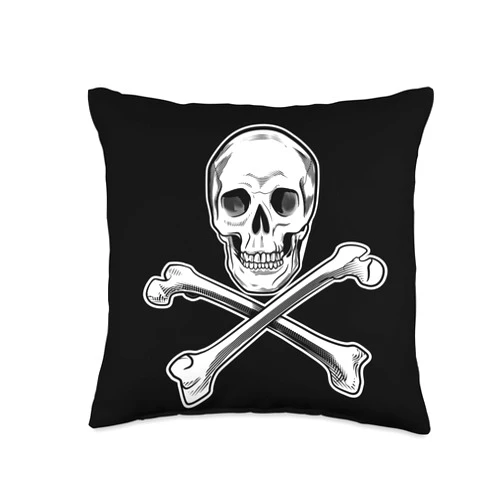 Jolly Roger Boutique Black and White Skull and Crossbones Pirate Design Throw Pillow, 16x16, Multicolor