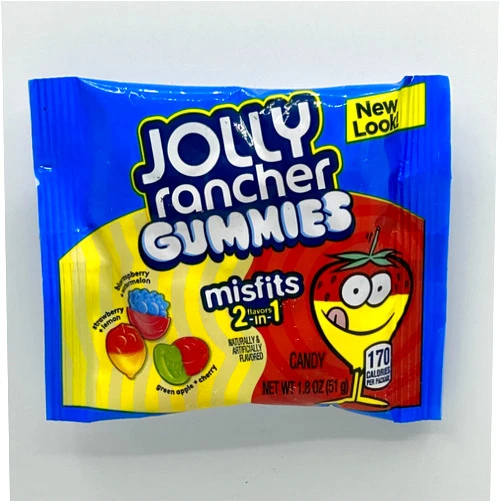 CHAIN & JO SWEETS Jolly Ranchrs Gummies Misfits 1.8oz - 2 Flavors in 1 Soft & Chewy Gummy Candy - Strawberry + Lemon, BlueRasberry + Watermelon, Green Apple + Cherry