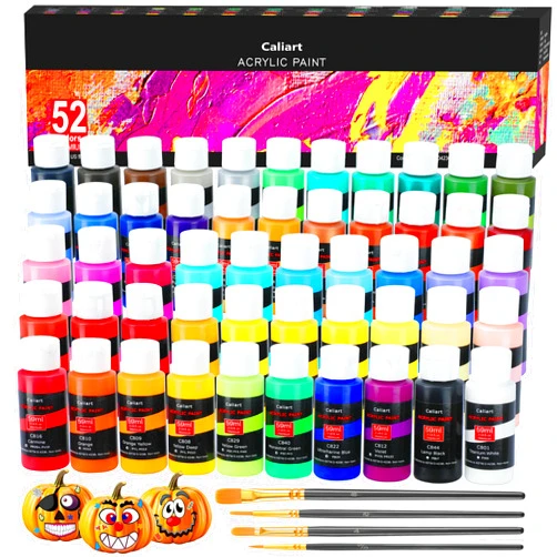 Caliart Acrylic Paint Set With 4 Brushes, 52 Colors (59ml, 2oz) Art Craft Paints for Artists Kids Students Beginners & Painters, Canvas Halloween Pumpkin Ceramic Wood Rock Painting Art Supplies Kit