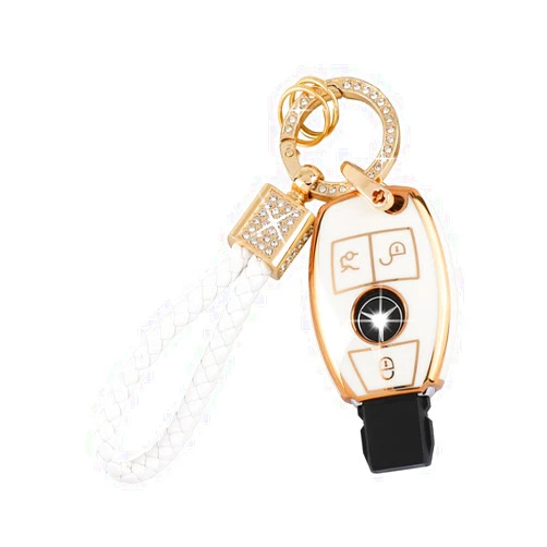 PIFOOG for Mercedes Key Fob Cover TPU Key Case Soft Car Keys Protector Fit Mercedes Benz AMG C E M S CLS CLA GLK GLA GLC GLE Smart Remote Key Keychain Girly Women White Gold
