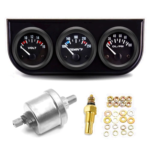 BREADEEP 52mm 3 in 1 Car Auto Gauge Kit (Volt Meter+Water Temp+Oil Pressure Meter) Stainless Steel Triple Auto Dashboard Gauge Set with Black Console for 12V Cars (Black)