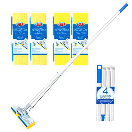 LOLA Squeezematic Butterfly Automatic Sponge Mop, 4 Mop Heads - 2 Foam w/ Cellulose Layer & 2 All Foam, 9