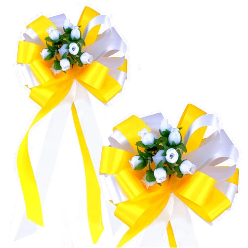 GiftWrap Etc. Yellow & White Wedding Pull Bows with Tulle Tails & Rosebuds - 8