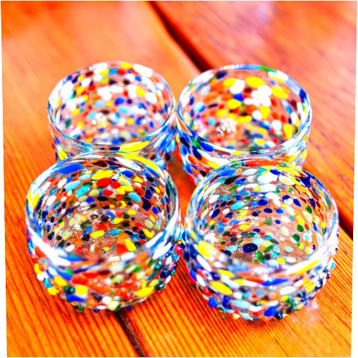 PINYAS Mezcal Cups | Hand-Blown Glass, Artisan Crafted | Rainbow Confetti | Sipping Copitas perfect for Mezcal or Tequila | Set of 4