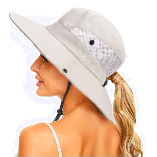 Pogah Women's Summer Sun-Hat Ponytail - Outdoor UV-Protection Mesh Wide Brim Foldable Hat with Ponytail Hole