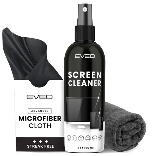 EVEO Screen Cleaner Spray and Wipe - TV screen cleaner spray and 2 Microfiber cloths, Computer Screen Cleaner, TV screen cleaner for Smart TV & Monitor, Laptop, MacBook, iPad and Electronic Devices - (2oz)