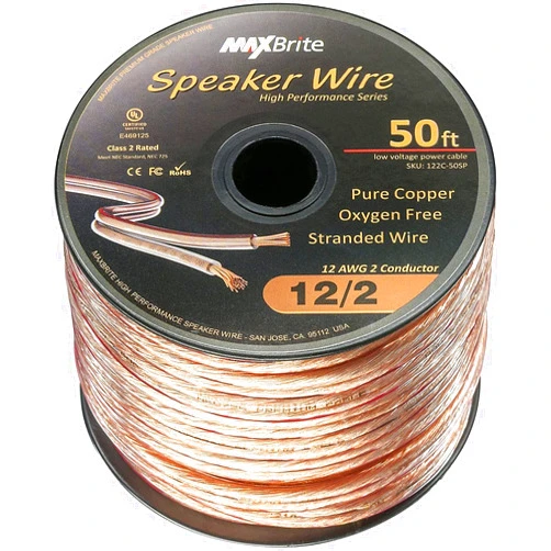 MaxBrite High Performance 12 Gauge Speaker Wire, Oxygen Free Pure Copper - UL Listed Class 2 (50 Feet Spool)