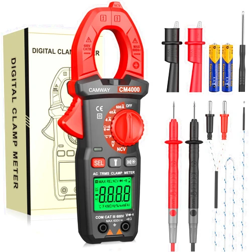 CAMWAY Digital Clamp Meter,Clamp Multimeter TRMS 600A AC Current AC/DC Voltage NCV Continuity Resistance Capacitance Temperature Diode Test,4000counts,Large Backlit LCD,Flashlight