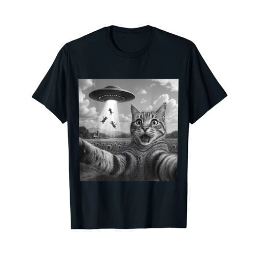 Funny Cat Shirts Men Women Tee Co Alien Cat Selfie UFO Gifts Men Women Graphic Tees Funny Cat T-Shirt