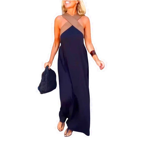 chouyatou Women's Sexy Criss Cross Halter Neck Maxi Dress Backless Color Block Party Beach Long Sun Dress
