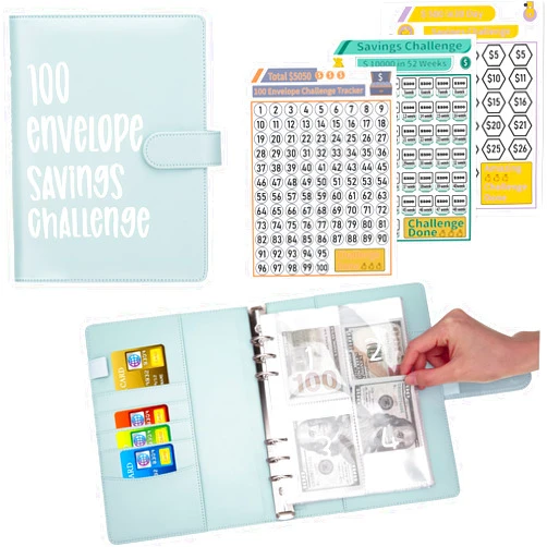 Ndsox 100 Envelopes Money Saving Challenge Binder, A5 Budget Binder with Cash Envelopes, Savings Challenges Book to Save $5,050, 10,000, 500, Budget Planner for Budgeting Planner Saving Money,MintBlue