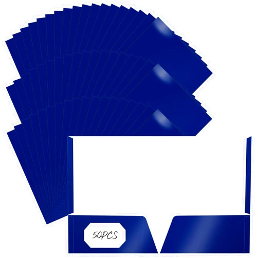 Jutom 50 Pcs 2 Pocket Glossy Laminated Paper Folders Glossy Paper Portfolios, Letter Size, Folders with Pockets Presentation Folder for Office Teacher Worker Supplies(Blue Color)
